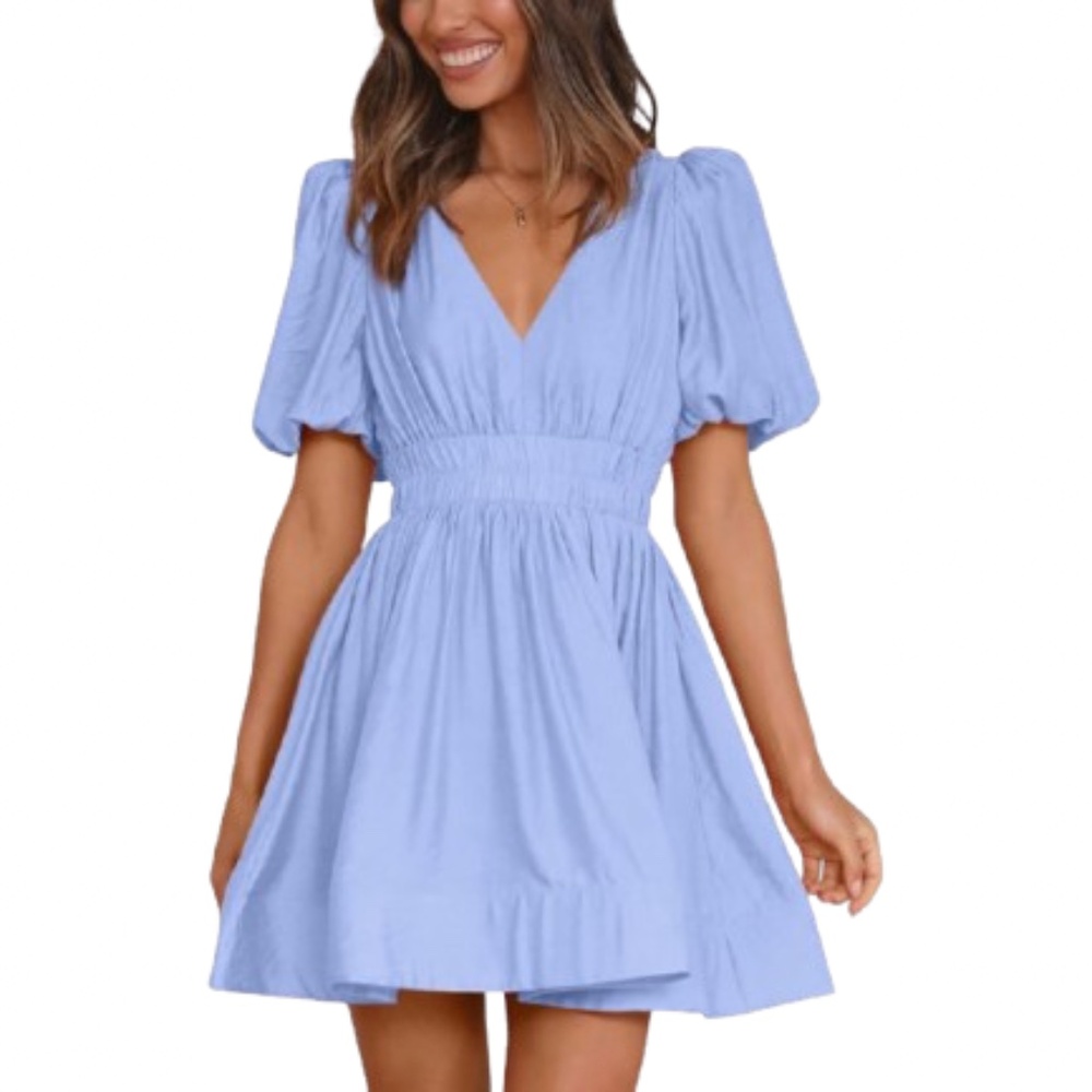 NWT Women’s Blue Short Puff Sleeve A-line Mini Dress Size Medium